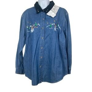 VTG Basic Editions Holiday Denim Shirt Snowman Embroidered Velvet Collar 16W